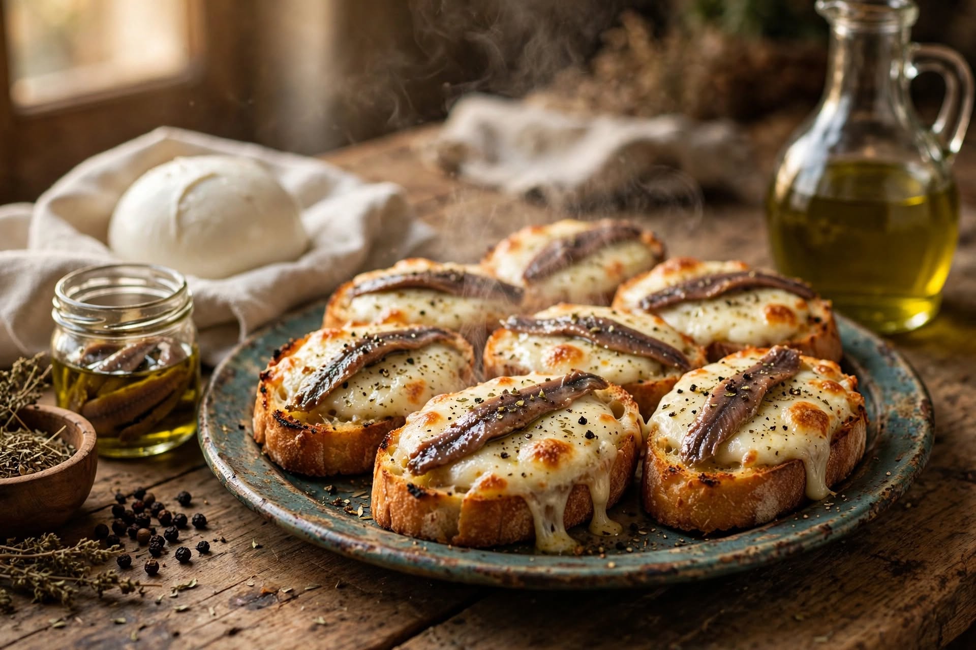 Crostini alla mozzarella e acciuga